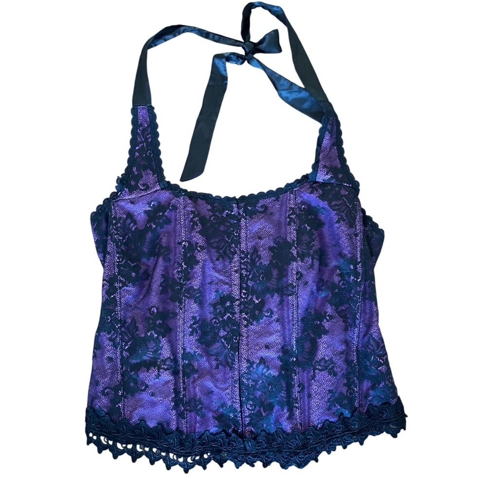 Fredericks of Hollywood Size 44 Halter Corset Purple Black Lace Lace Up Back